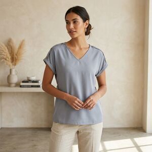 Womens V Neck Short Sleeve Blouse Top Grey Cuffed Sleeve Button Detail Size M